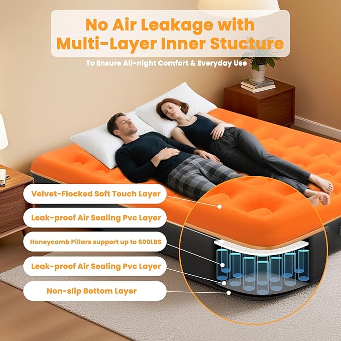 Queen Air Mattress with Built in Pump - USB Rechargeable, 10'' Comfort Blow up Mattress, Surface Portable Mattress, Air Bed for Camping, Home and Guest, 600 lbs Max