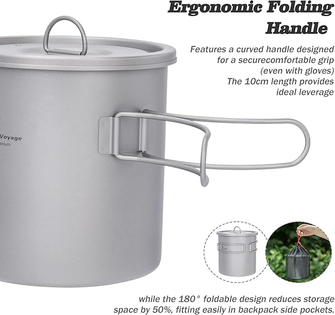 iBasingo 1400ml (1.4L) Titanium Camping Pot Cup Ultralight Backpacking Cookware with Folding Handle & Lid Durable Outdoor Cooking Kit for Travel Hiking Picnic