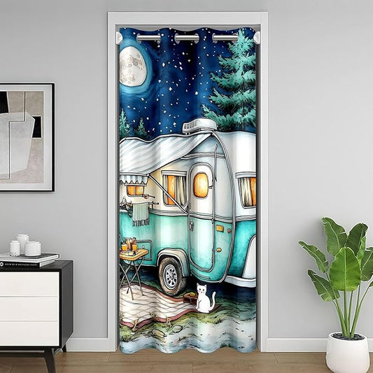 Cartoon Camper Kids Door Curtain,Starry Sky Moonlight Pine Tree Natural Blackout Curtain,RV Trailer Summer Adventure Bedroom Doorway Living Room Decor,Teal Privacy Door Drape 1 Panel,42" W X 80" L