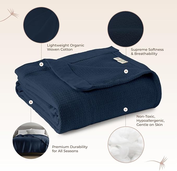 100% Organic Cotton Blanket - GOTS & Fairtrade Certified Organic Cotton Throw Blanket for Bed with Soft Warm & Breathable Single Knit Weave - Great as Bedspread or Coverlet (Navy, Full/Queen)
