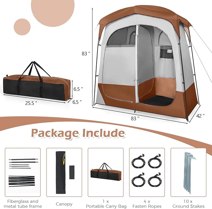 Goplus 2 Room Shower Tent, Portable Camping Changing Shelter with Floor Drain,Detachable Rain Fly, Stakes & Ropes, UV Protection, Water Resistant Privacy Tent for Outdoor Toilet, Dressing (Coffe)
