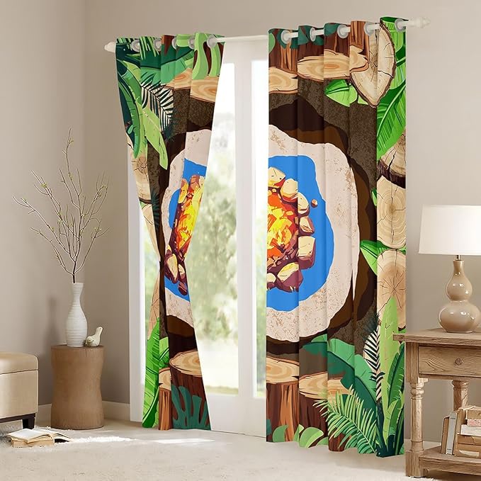 Camper Adventure Blackout Curtains,Bonfire Campfire Camp Adventue Window Drapes,Palm Leaf Tropical Plant Rustic Nursery Bedroom Playroom Decor,Brown 2 Panels,52Wx90L inch