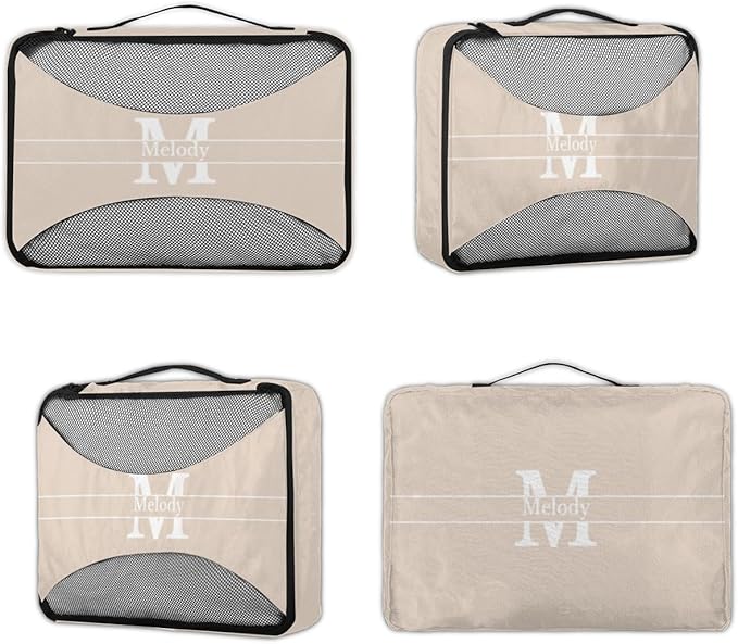 Personalized Compression Packing Cubes with Name Initial Letter, Beige Color 4 Set Mesh Travel Organizer Bags for Carry on, Luggage, Suitcase