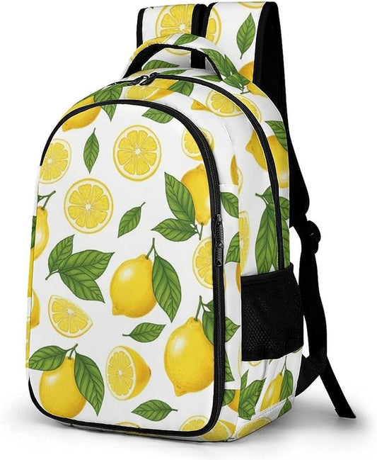 Casual Lightweight Laptop Backpack Yellow Lemon, Cute Travel Daypack with Tumbler Holder for College Nurse Teacher Work Commute