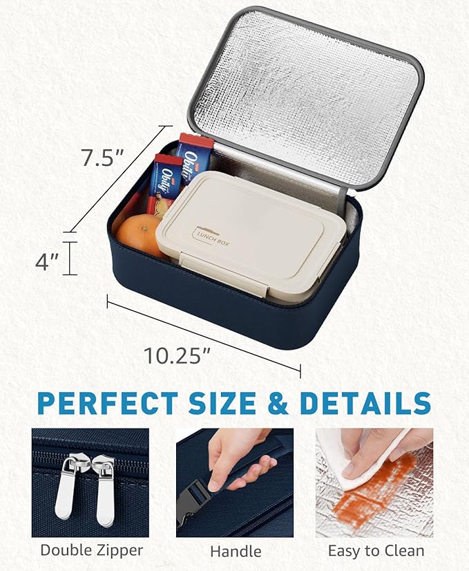 Small Lunch Box Insulated Lunch Bag for Women Men, Bento Kids Lunch Box, Compact Portable Thermal Meal Cooler Bags with Buckle Handle for Work & School, Navy Blue 5L