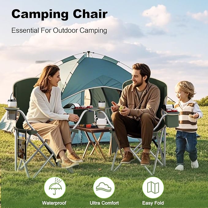Folding Camping Chairs Durable 600D Oxford, Portable Outdoor Chair with Cooler Pouch, Cup Holder & Storage Pocket for Camping, Beach, Fishing