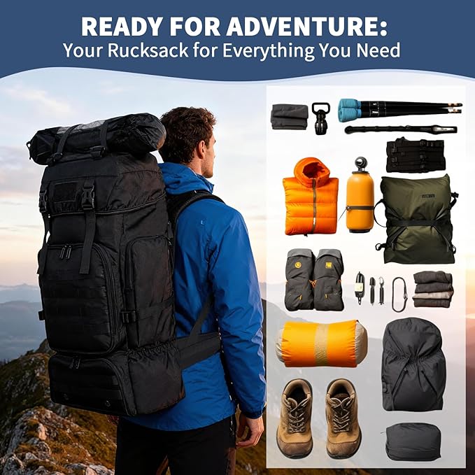 70L Hiking Backpack for Men Women Camping bag with Shoe Compartment Large Military Tactical Backpack, MOLLE Rucksack Sport Travel Backpacking Daypack (Black)