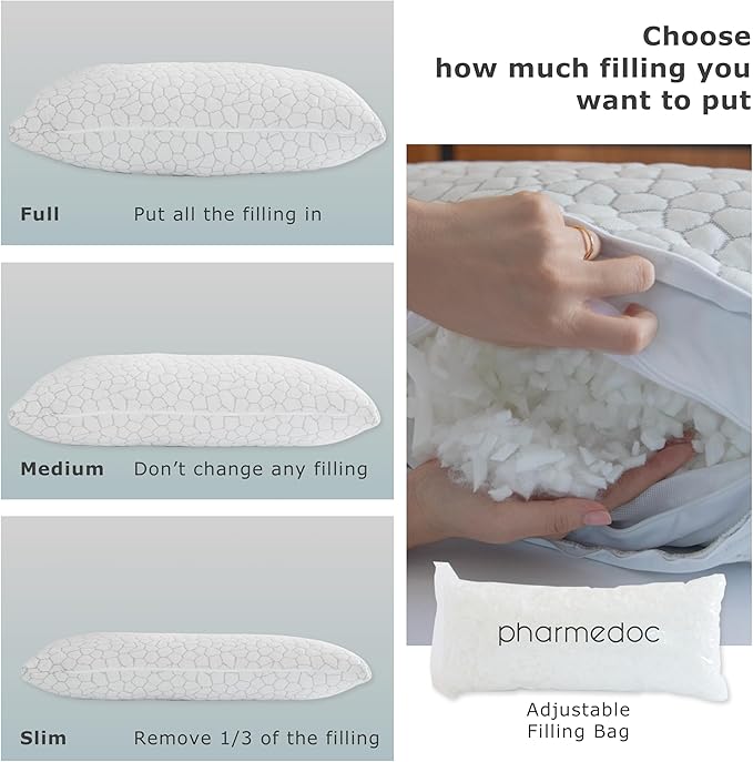 Pharmedoc Adjustable Shredded Memory Foam Bed Pillow - Perfect for Side Sleeper - Rectangular - Neck Support for Pain Relief - Queen Size - Extra Filling Pack