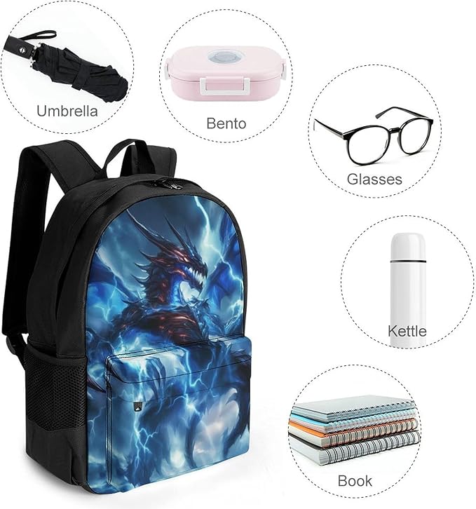 Men Women Lightweight Cool Blue Lightnings Dragon Art Backpack Large Capacity Bookbag With Smooth Zippers for Gym Business Running