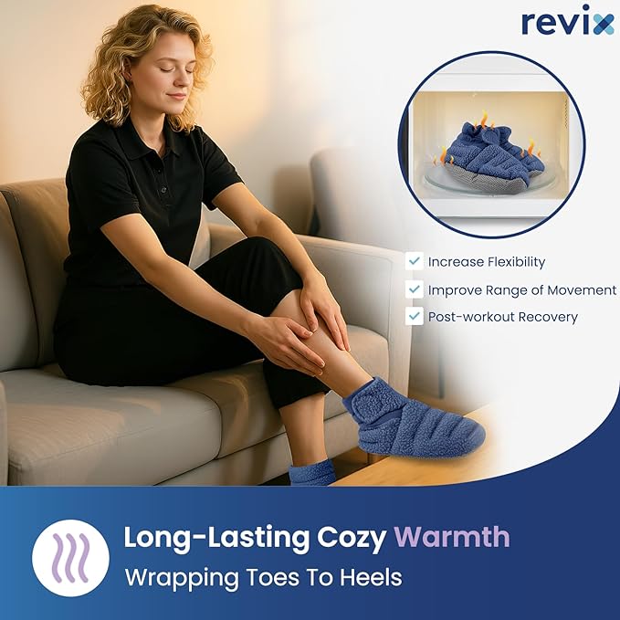 REVIX Microwave Booties for Cold Feet & Discomfort Relief, Heated Slippers for Women & Men with Moist Heat Therapy, Microwavable Foot Warmers for Home & Bed Use, Adjustable Non-Slip Slippers, Navy L