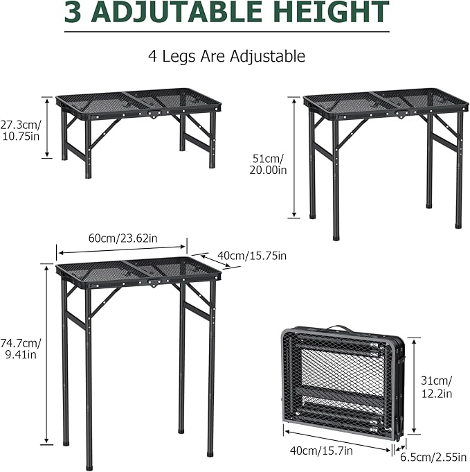 Folding Grill Table with Mesh Desktop Lightweight & Portable Camping Table Outdoor Grill Tables Aluminum Alloy Foldable Grill Table 3 Height Adjustable for Camping Picnic Cooking BBQ