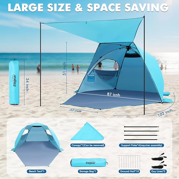 Elegear CumbreX™ Beach Tent with Canopy 4-6 Person, 1-Second Umbrella-Style Setup Pop Up Sun Shelter Shade, UPF 50+ UV Protection Four-Layer Silver-Coated Lightweight Portable Beach Cabana - Aqua Blue