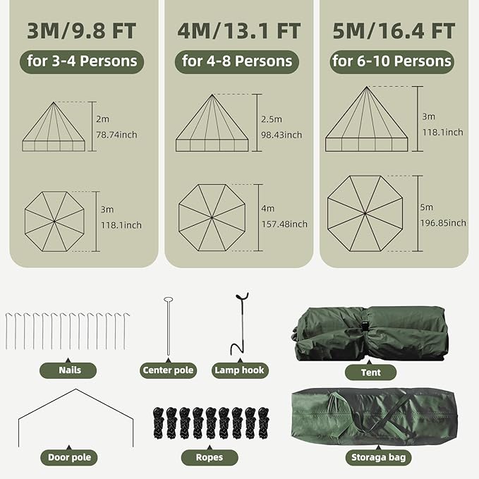 Bell Tent for Family Camping, 9.8/13.1/16.4 FT Yurt Tent with Stove Jack, 4 Season Oxford Tents for Outdoor Party, Hot Tent Shelter Fits 3-4 People