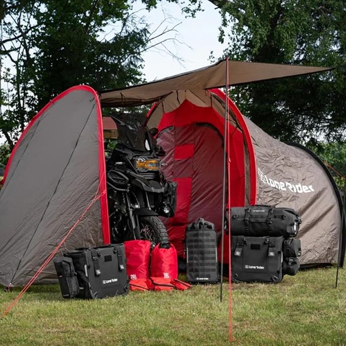 MotoTent Motorcycle Tent - Fully Waterproof 2 Person Tunnel Shelter with Bike Garage - Easy Setup Ultralight Dome for Touring & Hiking - Includes Carry Bag, Groundsheet and Pegs