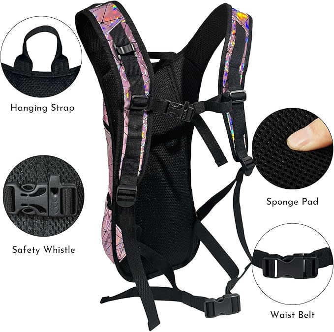 Zavothy Rave Hydration Backpack with 3L Bladder, Colorful Festival Hydration Pack with Side Pockets, Lightweight Water Backpack for EDM, Music Festivals, Hiking & Cycling