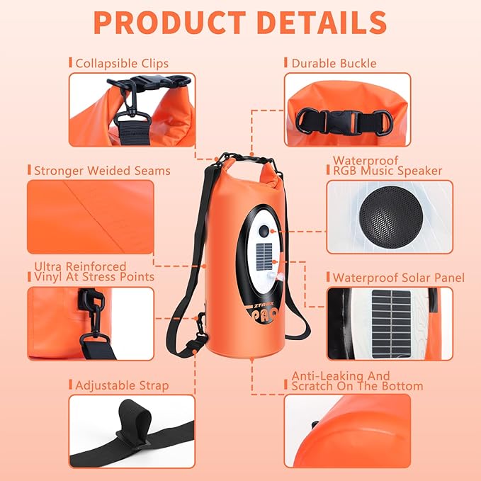 FELICON Solar/Battery Powered Multi-Functional Backpack with Bluetooth Speaker,IP66 Waterproof Dry Bag,Heavy Duty Roll Top Closure,Large Capacity Bag for Camping,Hiking,Traveling (Orange 10L)