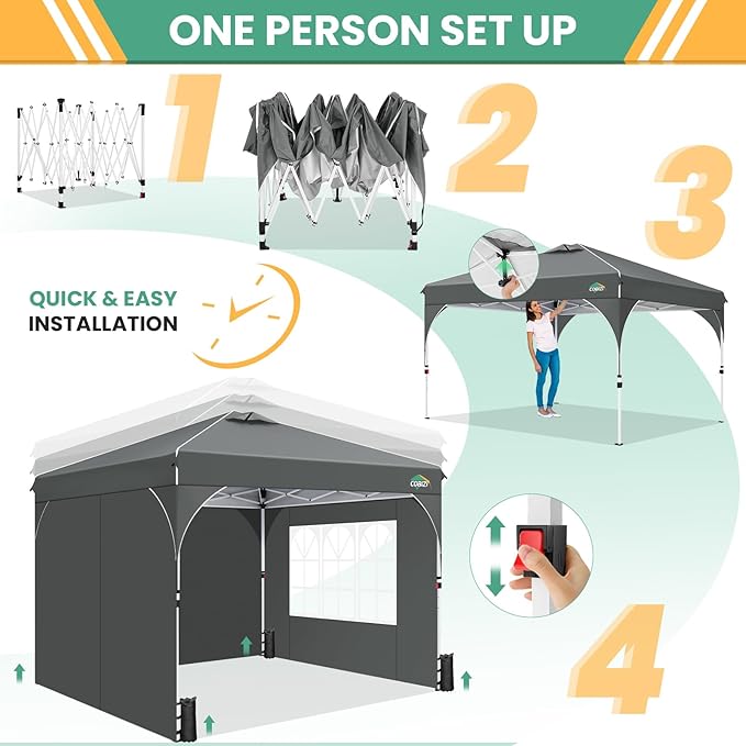 COBIZI 10x10 Pop up Canopy, Canopy Tent 10x10 with 3 Sidewalls, 1 Person Easy Set up, Tents for Parties, Outdoor Tent with Fluorescent Strip & 4 Sandbags, Waterproof, 3 Adjustable Height (Gray)