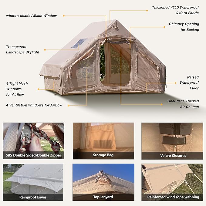 Inflatable Tents for Camping, Large Inflatable Camping Tent with Hand Pump, Easy Setup Tents for 4-6 People, Portable Glamping Tent
