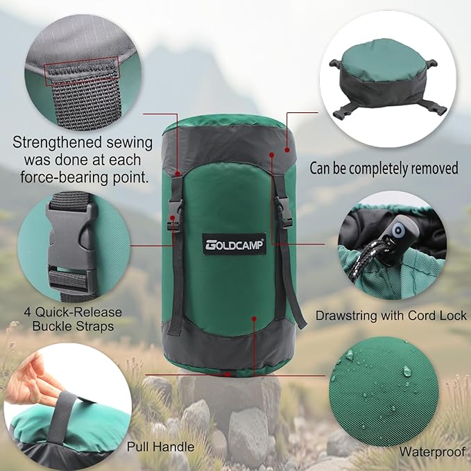 GoldCamp compression stuff sack for Ultralight sleeping bag, space saving gear with dust flap,18L/30L/43L/49L/65L Compression Stuff Sack, Waterproof, Camping, Travel, Outdoor, Backpacking(Green, M)