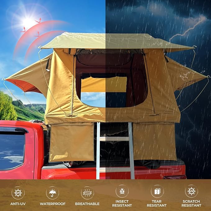 Rooftop Tent for SUV & Truck Camping, Soft Shell Roof Top Tent, Quick-Setup Design with Telescopic Ladder and LED Lighting for 2-3 Person Family Adventures