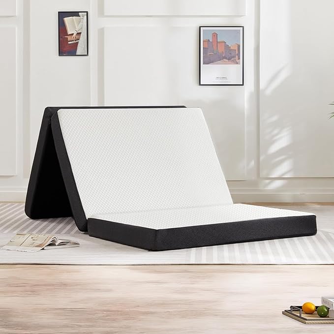 Folding Mattress, 4 inch Memory Foam Tri-Fold Mattress Topper with Washable Cover for Camping, oldable Bed, Guest beds, Portable Travel Mat, 75"×25"×4", White