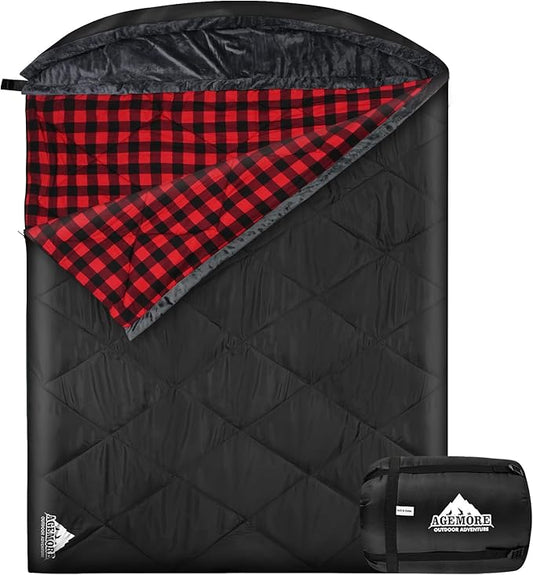 AGEMORE Cotton Flannel Double Sleeping Bag with Fleece Lined Hood, Waterproof Queen Size 2 Person Sleeping Bag for Adults Cold Weather Camping Backpacking or Hiking, 3-4season