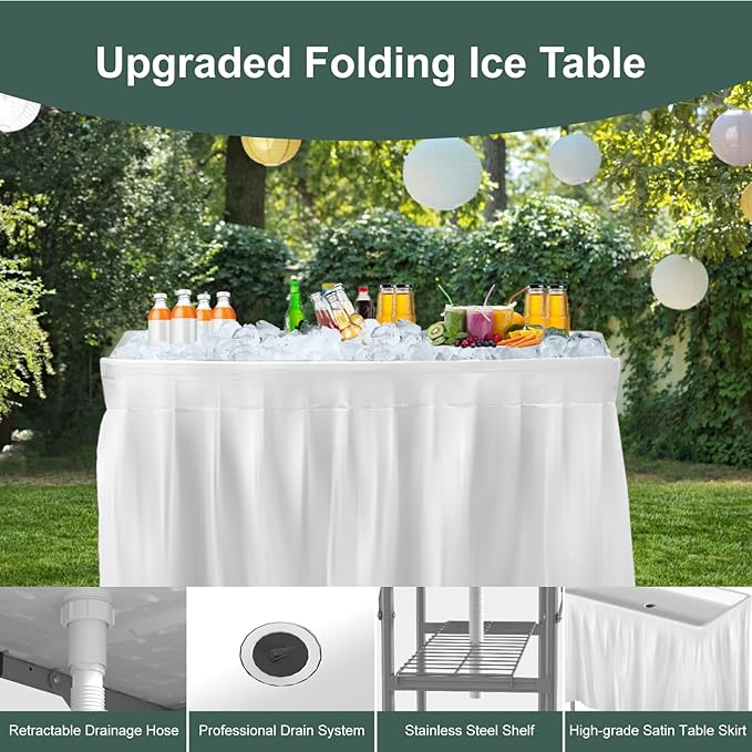 4 Foot Ice Cooler Table, Outdoor Cooler Table with Removable Matching Skirt and Shelf, Folding Ice Tables for Party, BBQ, Camping, Picnic, Portable Foldable Self-Serving Beverage Cooling Bar