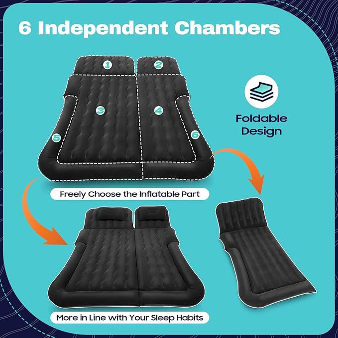 Inflatable Car Thick Air Mattress Rear Seat Inflatable Bed, SUV Inflatable Bed w/Inflatable Pump and Pillow, Foldable Design, Suitable for Camping and Car Travel