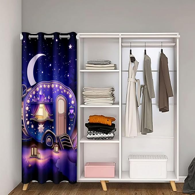 Purple Camper Doorway Curtains Privacy for Girls - Dreamy Glitter Camping Blackout Curtain Happy Camping Aesthetic Closet Door Curtain Fantasy Fairy Tale Princess Theme Room Divider Drape 52"W x 84"L