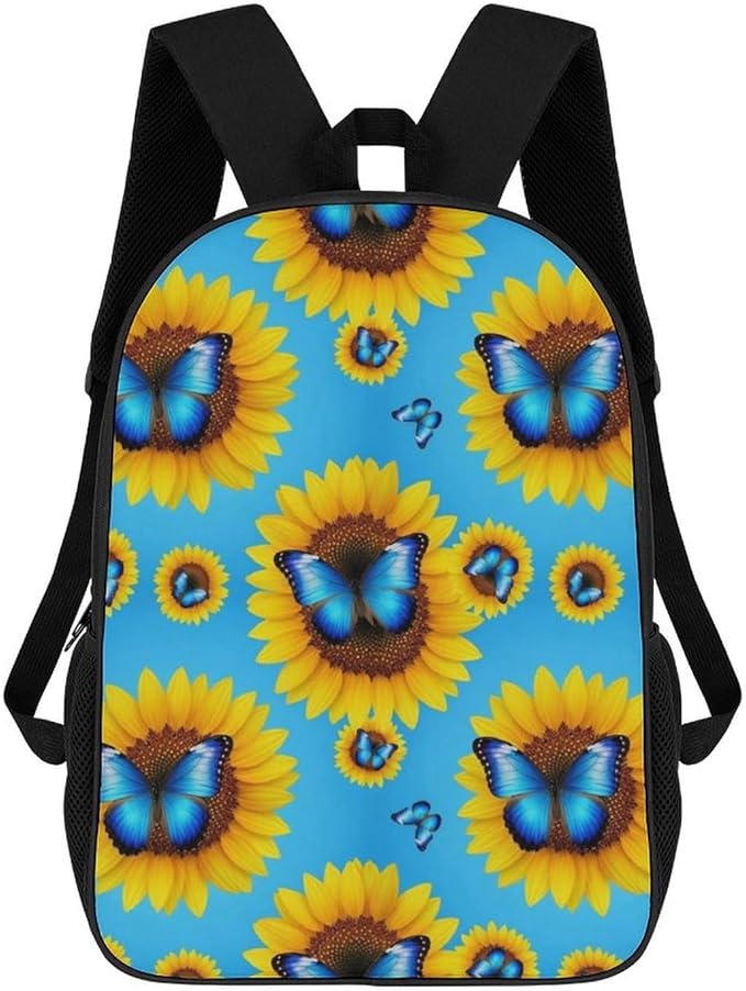 Sports Gym Outdoor Backpack Blue Monarch Butterfly Sunflower College Bookbag with Large Capacity Rucksack for Men Women