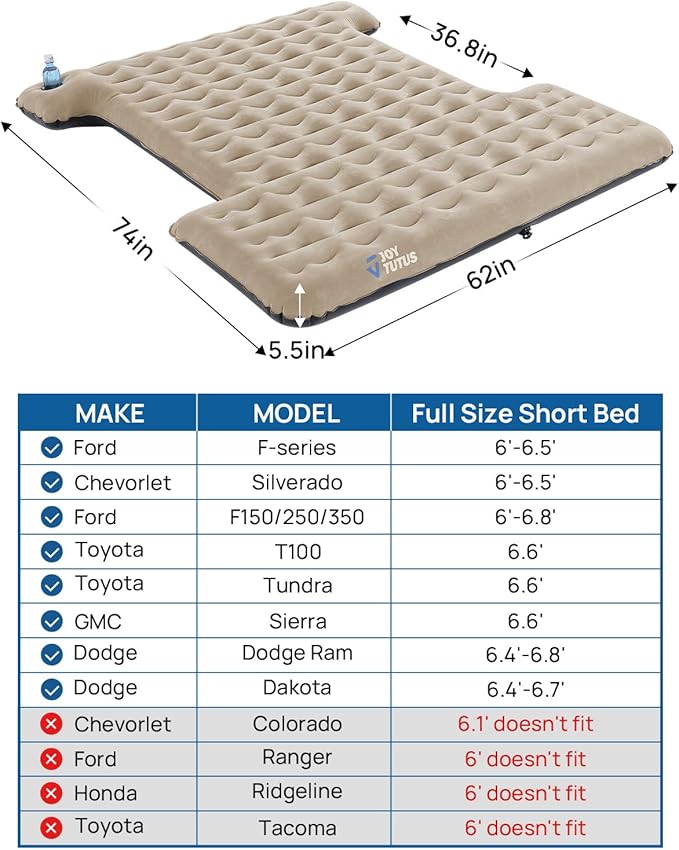 JOYTUTUS Upgraded Light Version Truck Bed Air Mattress for Camping, Thicken Inflatable Mattress for 6.4-6.7Ft Short Truck Bed,with Built-in Cup Holder&2 Inflatable Pillow,Camel and Black