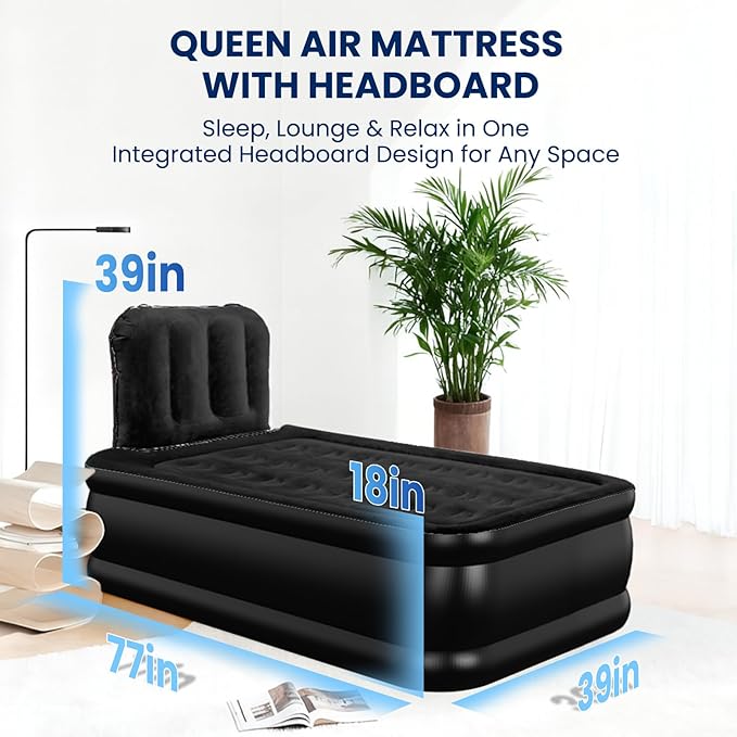 Twin Air Mattress with Headboard, Built-in Pump, Supports 500 lbs, Quiet Noiseless Design, 48-Hour Leak-Tested, 2.5 Min Fast & Easy Inflation/Deflation, Portable Blow Up Bed for Home, Guests & Camping