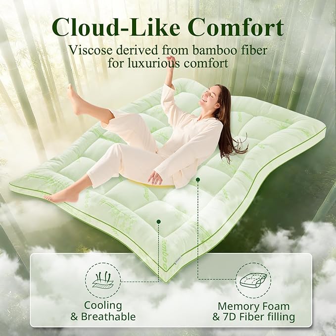 Memory Foam Mattress Topper - Viscose Made from Bamboo Pillow Top Thick Twin XL Size Mattress Pad for Back Pain, Ultra Soft & Cooling for Hot Sleepers, 6-18'' Deep Pocket, Green