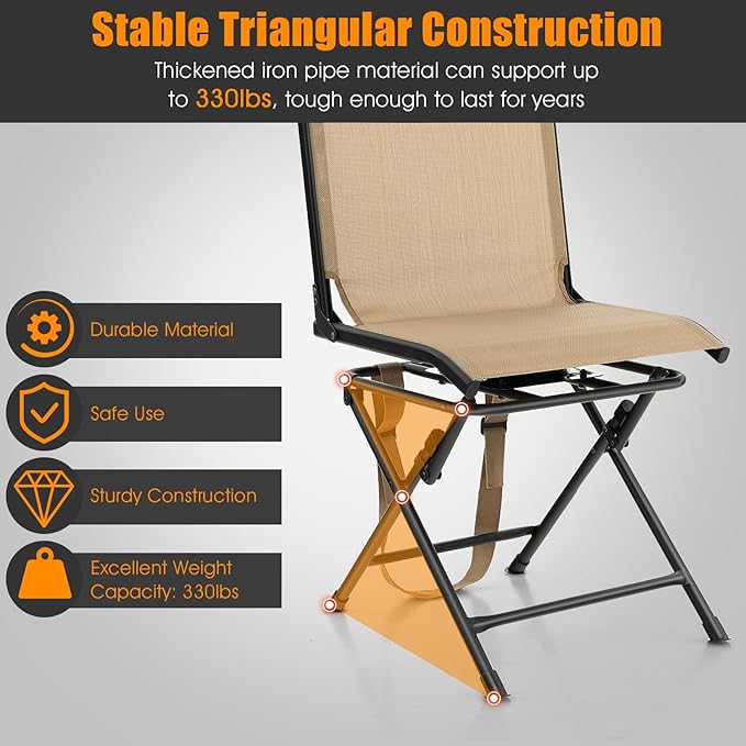 Moccha 360-degree Swivel Blind Chair, Foldable Hunting Chair w/Mesh Back & Non-Slipping Pads, Multi-Position X Steel Frame Portable Outdoor Chairs for Camping, Hunting, Fishing, Brown