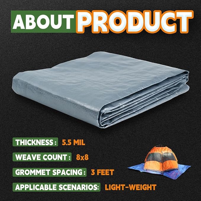 RAINDEWAY Tarps 6x10 Feet - 5.5 Mil, Multipurpose Waterproof Poly Tarp Cover with Metal Grommets and Reinforced Edges, Silver/Blue Tarp
