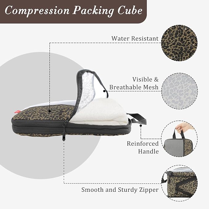 U+U 4 Set Compression Packing Cubes - Ultralight Travel Organizers, Space-Saving Suitcase Organizer, Expandable Packing Cubes for Travel, Business Trip and Family Vacation (Leopard)