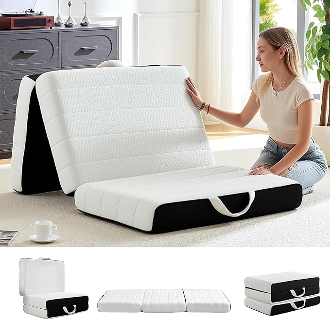 Foldable Mattress, Queen Tri-Fold Memory Foam Mattress Topper with Washable Cover, Handle & Non-Slip Bottom, 6 Inch Portable Folding Bed for Guest, Yoga, Living Room, Camping - 80"x76"x6"