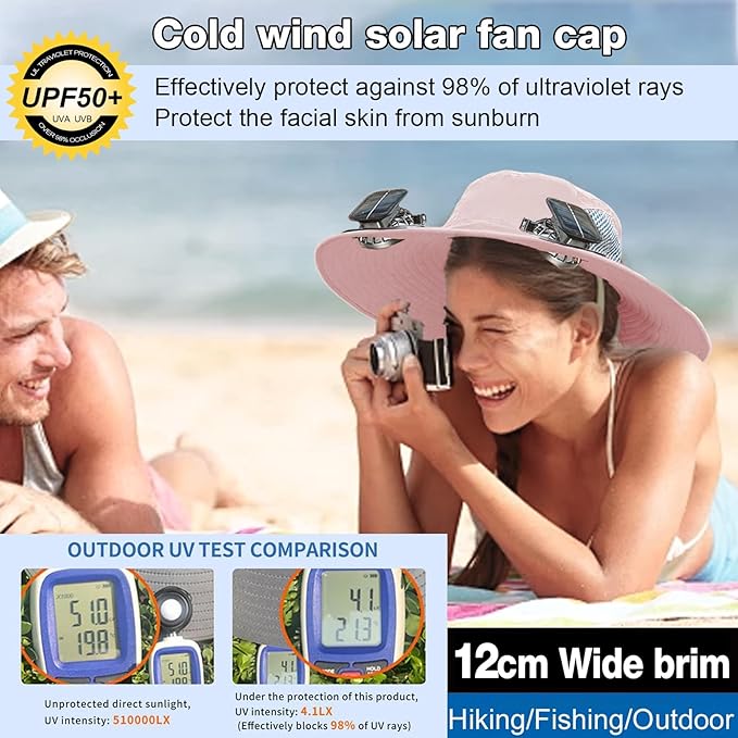 Outdoor Wide Brim Sun Hat with 2 Solar Powered Fan, Bucket Hat for Men Women, Fishing, Gardening & Beach Hat for Men