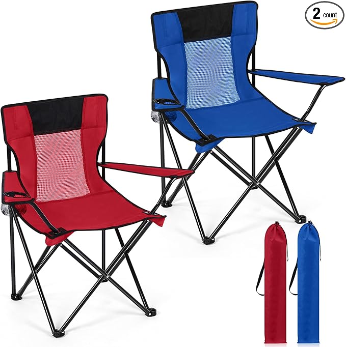 Shellwei 2 PCS Folding Camping Chair with Cupholder and Carry Bag Regular Size Colorful Breathable Portable Lightweight Lawn Chair with Side Pocket for Fishing Hiking Beach Outdoor Activity
