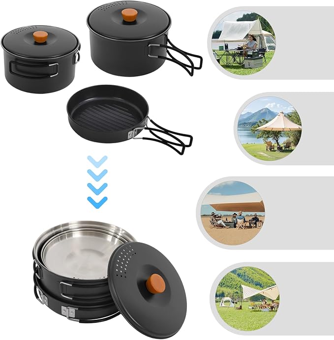 Camping Cookware Set Portable Camping Cooking Set 304 Stainless Steel Camping Pots and Pans Set Campfire Cooking Equipment with Storage Bag for Outdoor Camping Hiking Picnic for 2-3