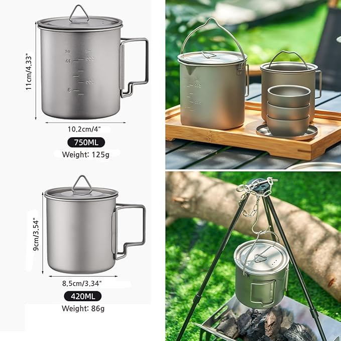 BY-J Titanium Camping Cookware Set – 750mL & 420mL Titanium Pot with Lid and Foldable Handle, Compact Backpacking and Travel Kitchenware for Camping, Hiking and Fishing