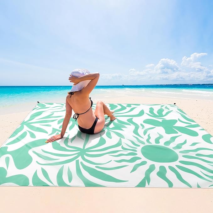 Beach Blanket, 78''×86'' Large Waterproof Sandproof Beach Mat for 2-4 Adults, Lightweight Compact Sand Free Outdoor Picnic Blanket with 4 Stakes & 4 Corner Pockets