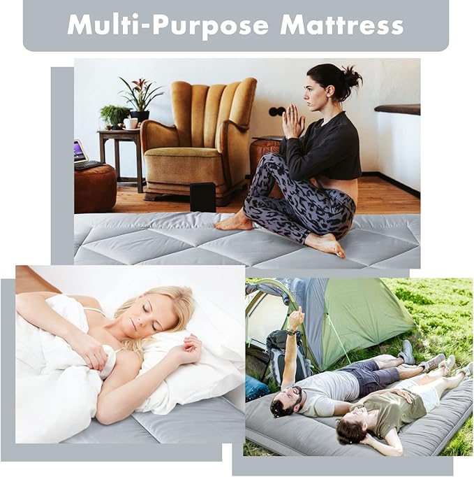 Japanese Floor Mattress, Thicken Foldable & Portable Roll up Camping Mattress with Dust-Proof Cover, Grey, Twin