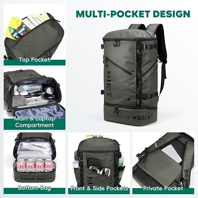 Camping Backpack with Lunch Compartment, Water Resistant Mens Backpack Insulated for Work, 17 inch Laptop Bag, Carry On Backpacks for Airplane Beach Travel, Green