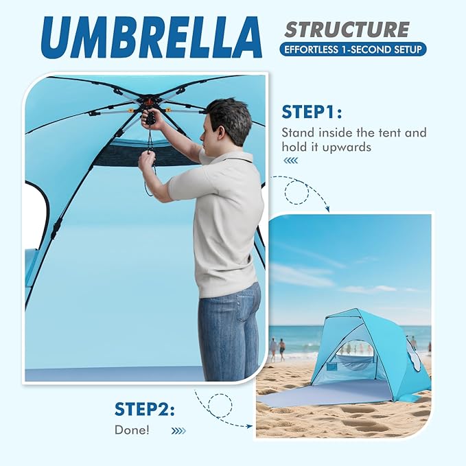 Elegear CumbreX™ Beach Tent with Canopy 4-6 Person, 1-Second Umbrella-Style Setup Pop Up Sun Shelter Shade, UPF 50+ UV Protection Four-Layer Silver-Coated Lightweight Portable Beach Cabana - Aqua Blue