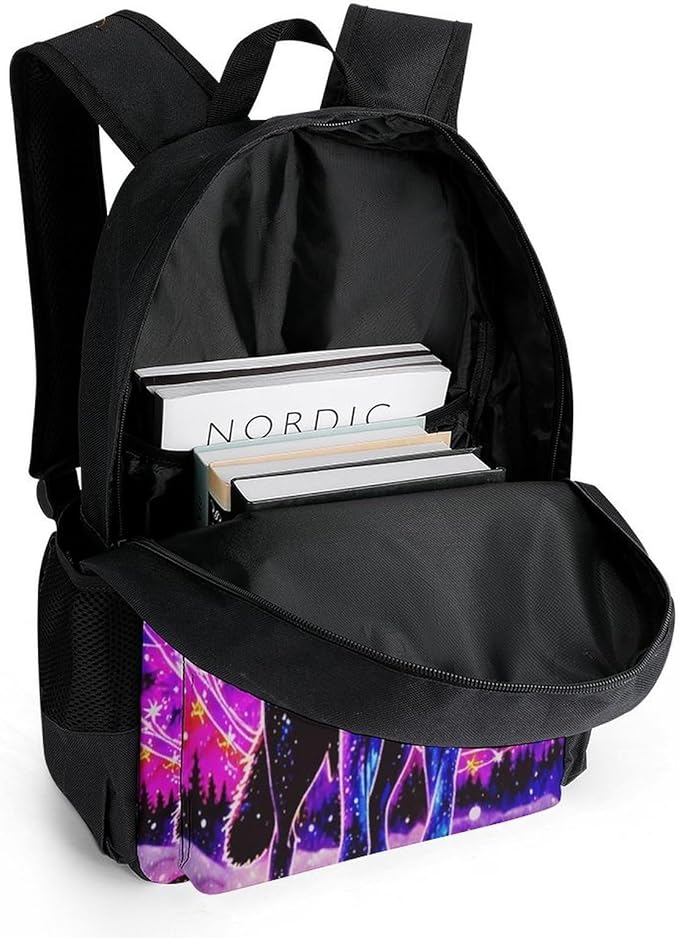 Supdreamc Men Women Polyester Trippy Wolf Space Galaxy Art Daypack Bookbag Big Capacity Shoulder Bag With Padded Straps for Climbing Travel Walking Cycling
