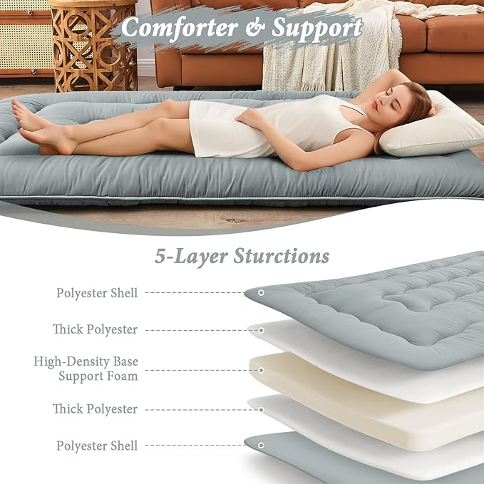 DAICO Japanese Floor Mattress, 4'' Thicken Futon Mattress Tatami Mat, Sleeping Pad Foldable Roll Up Mat for Camping and Guest Room, Full Size 54''*80'', Grey