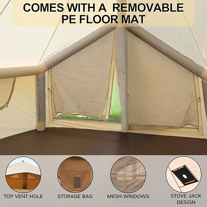 Inflatable Tent, Outdoor Easy Setup Inflatable Tents for Camping, Portable Blow Up Tent with Stove Jack, Cotton Canvas Material for Glamping, for 4 Season, 4/6/8/10 Person Use