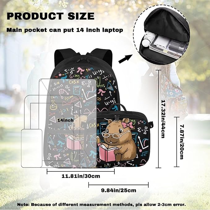 HUGS IDEA Math Capybara Backpack with Lunchbox School Bookbag with Lunch Tote for Kids Large Capacity Elementary School Bag 17 Inch Book Bag for Girls Polyester Children Back Pack