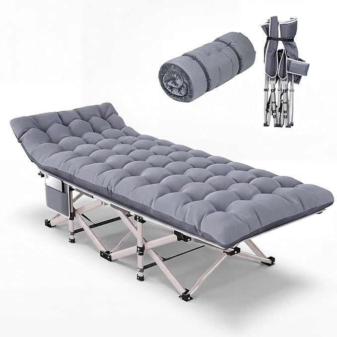Folding Camping Cot for Adults Heavy Duty - 800LBS Capacity Sleeping Cot with Thicker Pad, Portable Foldable Cot Double Layer Oxford Outdoor Camp Bed for Guest Use Office Nap Travel(Gray)